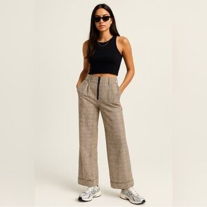 High Rise Wide Leg Plaid Trousers Tan Black